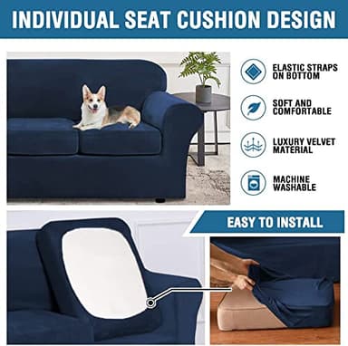 H.VERSAILTEX Modern Velvet Plush 4 Piece High Stretch Sofa Slipcover Sofa Cover Furniture Protector Form Fit Luxury Thick Velvet Sofa Cover for 3 Cushion Couch Width Up to 90 Inch (Sofa,Navy) - Image 6