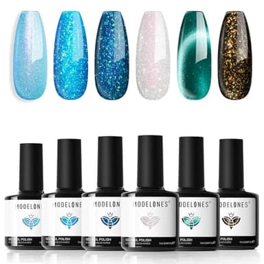 modelones Gel Nail Polish Set, 6 Colors Blue Green Glitter Cat Eye Black Silver Sparkle Shimmer Gel Polish Kit with Magnet Ocean Series Soak Off Nail Art Manicure Home Gift for Women Girl - Image 1