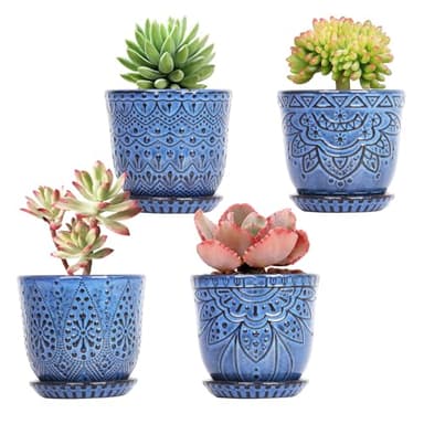 Gepege Succulent Pots, 4 Inch Small Indoor Ceramic Planter Pot with Drainage Holes and Saucers for Plants- Blue - Set of 4 - Image 1