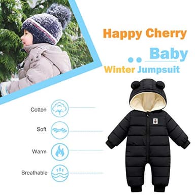 Happy Cherry Hooded Puffer Jumpsuit for Baby Boys Girls Long Sleeve Winter Romper Warm Snowsuit Coat Down Jacket 0-6 Months Black - Image 3