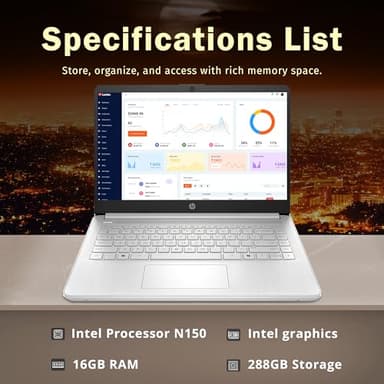 HP Stream 14" HD BrightView Laptop, Intel Celeron N150, 16GB RAM, 288GB Storage (128GB eMMC + 160GB Docking Station Set), Intel UHD Graphics, 720p Webcam, Wi-Fi, 1 Year Office 365, Win 11 S, Silver - Image 3