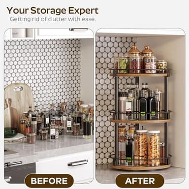 YATINEY 3-Tier Lazy Susan Organizer, Rotating Spice Rack, Spinning Organizer, Industrial Turntable Spice Rack Organizer for Cabinet, Kitchen Countertop, Pantry, Rustic Brown and Black SR23BR - Image 4