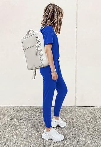 MASCOMODA Womens 2 Piece Outfits Summer Casual V Neck Short Sleeve Tops Long Pants Tracksuit Lounge Jogger Set with Pockets(Royal Blue,Large) - Image 4