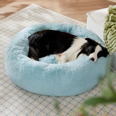 Bedsure Calming Dog Bed for Large Dogs - Donut Washable Large Pet Bed, 36 inches Anti-Slip Round Fluffy Plush Faux Fur Dog Bed, Fits up to 100 lbs Pets, Aqua Blue - Image 4