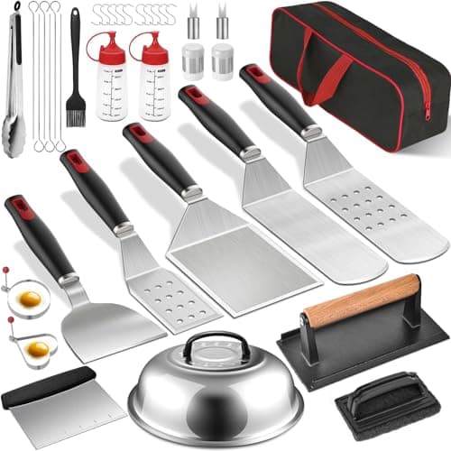 Riddle Accessories Kit, 36PCS Complete Flat Top Grill Accessories Set for Blackstone, Grill Spatula Set with Enlarged Spatulas, Burger Press, Basting Cover, Scraper for Outdoor BBQ, Teppanyaki, Red - Image 1