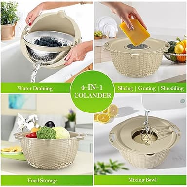4-1 Colander with Bowl Set - Rotatable Strainers for Kitchen, Food Strainers and Colanders, Funny Presents for Women, Fruit Cleaner, Veggie Wash, Aesthetic Kitchen Gadget Essentials - Beige - Image 3