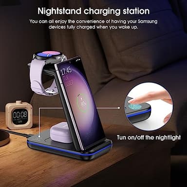 Wireless Charging Station for Samsung/Android, Fast Wireless Watch Charger Station Compatible for Samsung Galaxy S25 Ultra/S24/S23+/Z Flip 6/5 Fold 6/5, Watch8/7/Pro/Active 2 Galaxy Buds3/2 Pro(Black) - Image 4