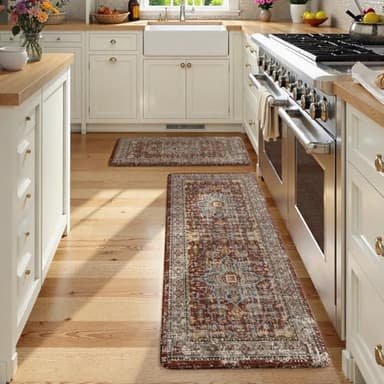 Sungea Vintage Red Kitchen Rugs Sets of 2, Anti Fatigue Kitchen Mats for Floor, Meomory Foam Kitchen Mat Non Slip Runner Carpet, Waterproof Standing Mat for Sink,Laundry,Office - Image 9