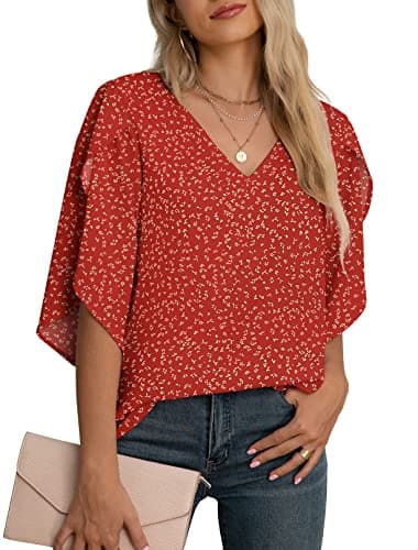 Jouica Blouse for Women Elegant Casual Chiffon Blouses Tops Dressy Casual 3/4 Sleeve Blouses for Work,Flower Wine Red,Large - Image 1