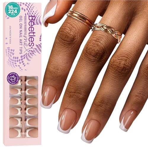 Beetles French Tips Press On Nails: 224 Pcs Brown French Tip Nails Short Squaval Fake Nail Tips,Soft Gel Nail False Nails,DIY Nail Art Salon Quality Manicure Gift For Women - Image 1