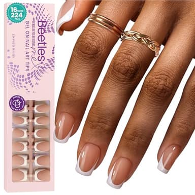 Beetles French Tips Press On Nails: 224 Pcs Brown French Tip Nails Short Squaval Fake Nail Tips,Soft Gel Nail False Nails,DIY Nail Art Salon Quality Manicure Gift For Women - Image 1