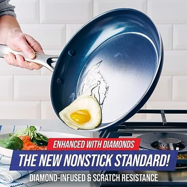 Blue Diamond 12" Nonstick Frying Pan with Lid, Diamond Infused PFAS & PTFE-Free Ceramic Skillet, Dishwasher & Oven Safe, Stay Cool Handle, Durable Non Toxic Metal Utensil Safe, Glass Lid, Blue - Image 2