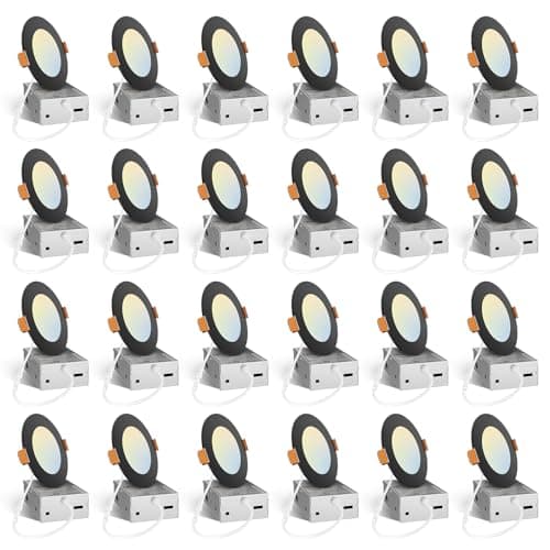 Amico 24 Pack 4 Inch Black 5CCT Ultra-Thin LED Recessed Ceiling Light with J-Box, 2700K/3000K/3500K/4000K/5000K Selectable, 10W Eqv 70W, Dimmable Canless Downlight, 800LM High Brightness, ETL, FCC - Image 1