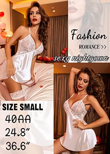 Avidlove Women Satin Sleepwear Wedding Nightgown White Lingerie Lace Chemise White M - Image 3