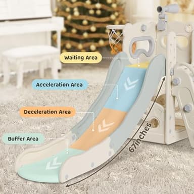Babytronic Toddler Slide, 6 in 1 Kids Indoor Slide for Toddlers 1-3, Kids Playground for Indoor Outdoor with Basketball Hoop and Telescope, Indoor Outdoor Slide Playset (White&Gray) - Image 3