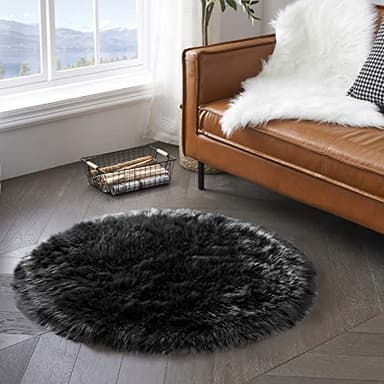Latepis Black Round Rug 4 ft, Faux Fur Sheepskin Circle Rug for Living Room, Fluffy Washable Rug for Bedroom, Teen Room, Dorm, Cute Room Décor - Image 7