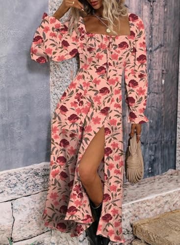 BLENCOT Womens Floral Square Neck Long Sleeve Dress Side Split Thigh Tie Front Flowy Boho Maxi Dresses Red Flroal Printed XL - Image 5