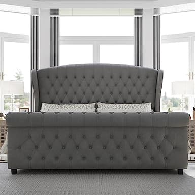 AMERLIFE Queen Size Platform Bed Frame, Velvet Upholstered Sleigh Bed with Scroll Wingback Headboard & Footboard/Button Tufted/No Box Spring Required/Grey - Image 3