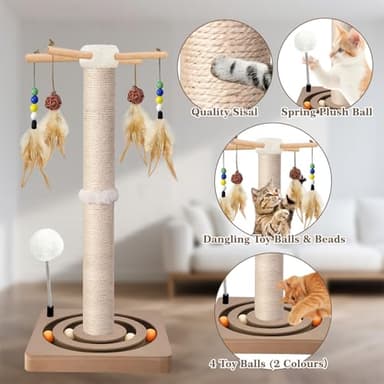 Cat Scratching Post, Sisal, Interactive Furniture Toys for Indoor Cats Adults, 2 Mounting Methods Scratcher Tree Tower with Hanging and Ball Track, Activity Center for Kitten, 25 inches - Image 3