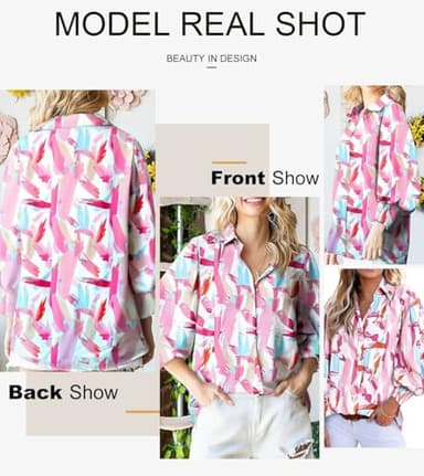 Astylish Women Oversized Button Down Shirts Collar Pretty Lantern Sleeve V-Neck Tops Spring Trendy Blouse Tunic Light Pink Medium - Image 4