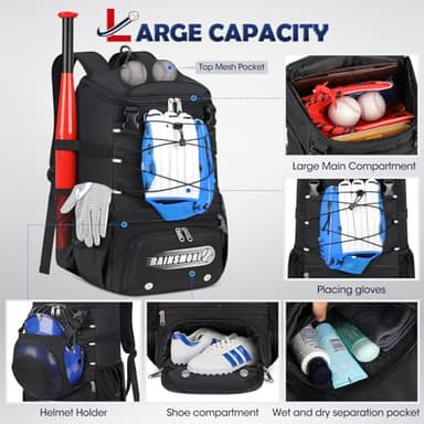 Baseball Bag for Youth & Adult Lightweight Softball Bat Bag with Shoe Compartment, External Helmet Holder and Fence Hook Waterproof Baseball Backpack Hold T-Ball, Bat and Softball Equipment, Black - Image 2