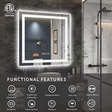 ODDSAN 30 x 30 Lighted LED Bathroom Mirror for Wall, Square Vanity Mirror with Lights, Dimmable, Anti-Fog, Shatter-Proof, Memory, ETL Listed (Front Lights + Backlit) - Image 2