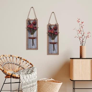 Yorkmills Wood Wall Decor & Red Artificial Flowers Set of 2, Grey Wall Art Decor with Fake Flower Bouquet, Rustic Wall Art Home Farmhouse Wall Decor for Living Room, Dining Room, Bedroom, Bathroom - Image 2