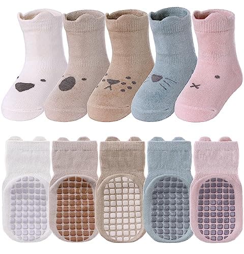 TRUEHAN 5 Pairs Toddler Non Slip Socks with Grips Baby Socks for Kids Girls Boys （5 Pairs Animal A，6-12 months） - Image 1