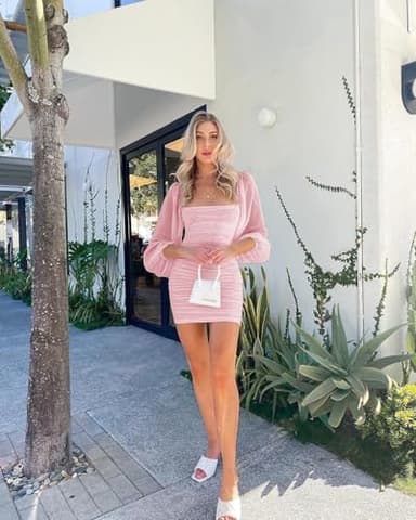 Ofenbuy Women's Mesh Long Sleeve Dress Square Neck Ruched Mini Bodycon Dress Stretch Party Cocktail Dresses Pink - Image 2