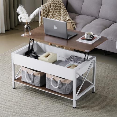 VINGLI 36" Lift Top Coffee Table with Free Cloth Storage Bins, White Walnut Framhouse Coffee Tables for Living Room, Small Modern Coffee Table for Small Space in Minimalistic Style, Dark Walnut - Image 1