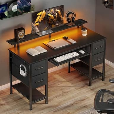 Seventable Computer Desk 47.2" with LED Lights & Power Outlets, Home Office Desk with 4 Drawers, Writing Desk with Keyboard Tray, Study Table with Monitor Stand, Work Desks for Home Office, Black - Image 6
