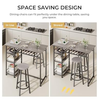 COMHOMA Dining Table Set for 2, Counter Height Kitchen Table and Chairs with Storage Shelves & Wine Rack, Bar Table Set with 2 Bar Stools, 3 Piece Dining Room Table Set for Small Space, Retro Grey - Image 6