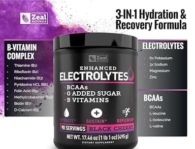 Zeal Naturals Electrolyte Powder Recovery Drink (90 Servings | Black Cherry) w/ 0 Sugar +BCAAs +B-Vitamins Electrolyte Supplement w Potassium Zinc & Magnesium for Hydration - Keto Electrolytes - Image 7