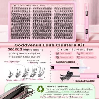 Goddvenus Lash Clusters Kit Wispy Eyelash Clusters Lashes Natural DIY Lash Extension Kit 10-16mm Cluster Eyelash Extensions Kit 300pcs C Curl Individual Lashes Cluster Eyelash (No Tweezers) - Image 5