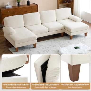 VINGLI 110" Sectional Couches for Living Room,U Shaped Couch with Double Chaise, 4-Seat Sofa Set with Chenille Fabric for Home Furniture,Beige - Image 3