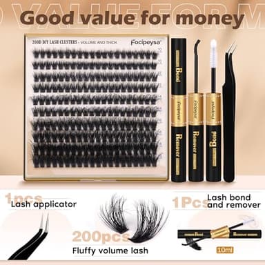 Focipeysa Lash Extension Kit Thick Eyelash Extension Kit 10-18mm Fluffy Lash Clusters 200D Individual Eyelashes Kit with Lash Bond, Lash Remover, Lash Applicator, DIY Lashes Extension - Image 3