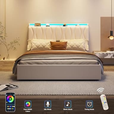 Full Size Lift Up Storage Bed Frame, Height Adjustable Storage Headboard with Charging Station, LED Lights Upholstered Platform Bed, Wooden Slat, No Box Spring Needed, Noise-Free, Beige - Image 7