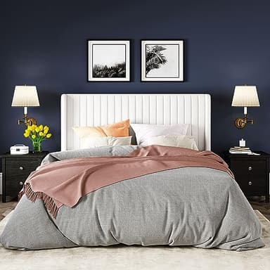 Allewie Full Size Velvet Bed Frame/Vertical Channel Tufted Wingback Headboard/Upholstered Platform Bed/Strong Wooden Slats/No Box Spring Needed/Easy Assembly/White - Image 5