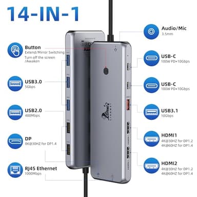 13 in 1 USB C Docking Station - Dual Monitor, Triple Display, 8 USB C/A Ports, Ethernet, Audio - LIONWEI USB C Hub for MacBook,Dell,HP,Lenovo,Surface - Image 2