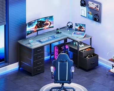 Coleshome L Shaped Computer Desk with 6 Drawers & Power Outlet, 55 Inch Corner Desk with Reversible Storage Shelf & File Drawer, Home Office Desk, Grey Oak - Image 9