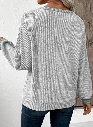 EVALESS Womens Fall Fashion 2025 Long Sleeve Shirts Patchwork Button Up V Neck Sweatshirt for Women Casual Trendy Pullover Teacher Outfits Tops Light Grey Large - Image 6