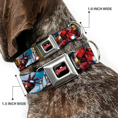 Buckle-Down Seatbelt Buckle Dog Collar - IRON MAN w/Avengers Logo Cityscape - 1" Wide - Fits 15-26" Neck - Large - Image 2