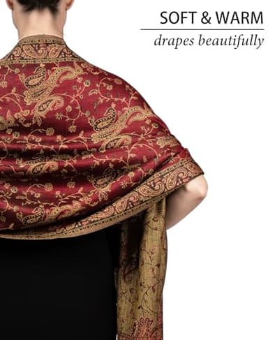 Achillea Soft Silky Reversible Paisley Pashmina Shawl Wrap Scarf w/Fringes (Burgundy) - Image 4