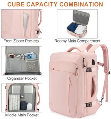 Carry on Travel Backpacks, Extra Large 40L Flight Approved Bag for Men & Women,Expandable Suitcase Backpack With 4 Packing Cubes,Water Resistant Luggage Daypack Business Weekender Bag,Pink - Image 5