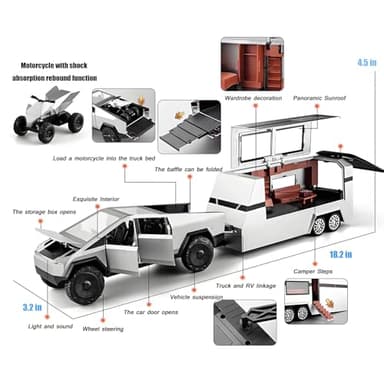 Toy Car Alloy Diecast Truck Model with Motorcycle ATV RV with Sound and Light Eddect Race Car Display Model 1/32 Metal Vehicle 3-in-1 Camping Car Set Ideal Gift for Kid Age for 3+(Silver) - Image 3