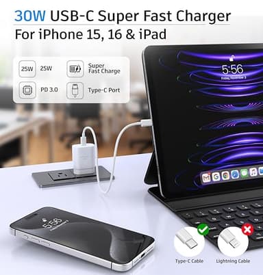 USB-C Charger 30W Super Fast Charging, Type C Block Adapter Plug Cable Cord [ 6.6ft + 10ft ] for iPhone 17, 17 Air, 17 Pro, 17 Pro Max,16,16 Plus,16 Pro,16 Pro Max, 15, iPad Pro 12.9/11 - Image 4
