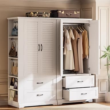 IRONCK Armoire Wardrobe Closet, 70.87" H Wooden Bedroom Armoire with 2 Louvered Doors, 2 Drawers and Shelves, Large Freestanding Clothing Storage Cabinet, White - Image 9