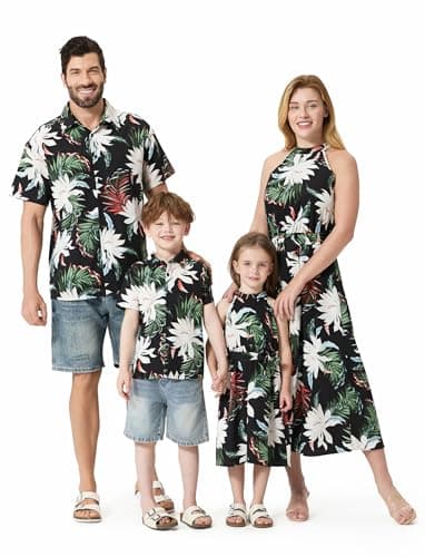 PATPAT Matching Family Floral Outfits - Mommy and Me Hawaiian Dress Matching Set Tropical Palm Newborn Dress Leaf Print Halter Neck Romper Dress Black Flower Baby Girl 9-12 Months - Image 1
