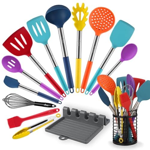 HOTEC 446°F Heat Resistant Silicone Kitchen Utensils, Cooking Utensil Set, Spatula Set, BPA Free, Kitchen Gadgets, Utensils Holder, Dishwasher Safe, 14pcs Multicolor - Image 1
