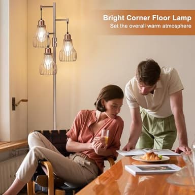 Ziisee Dimmable Floor Lamps for Living Room, Industrial Tree Standing Tall Lamps with 3 Elegant Cage Shade & 800 Lumens LED Bulbs for Bedroom Office - Brown - Image 4